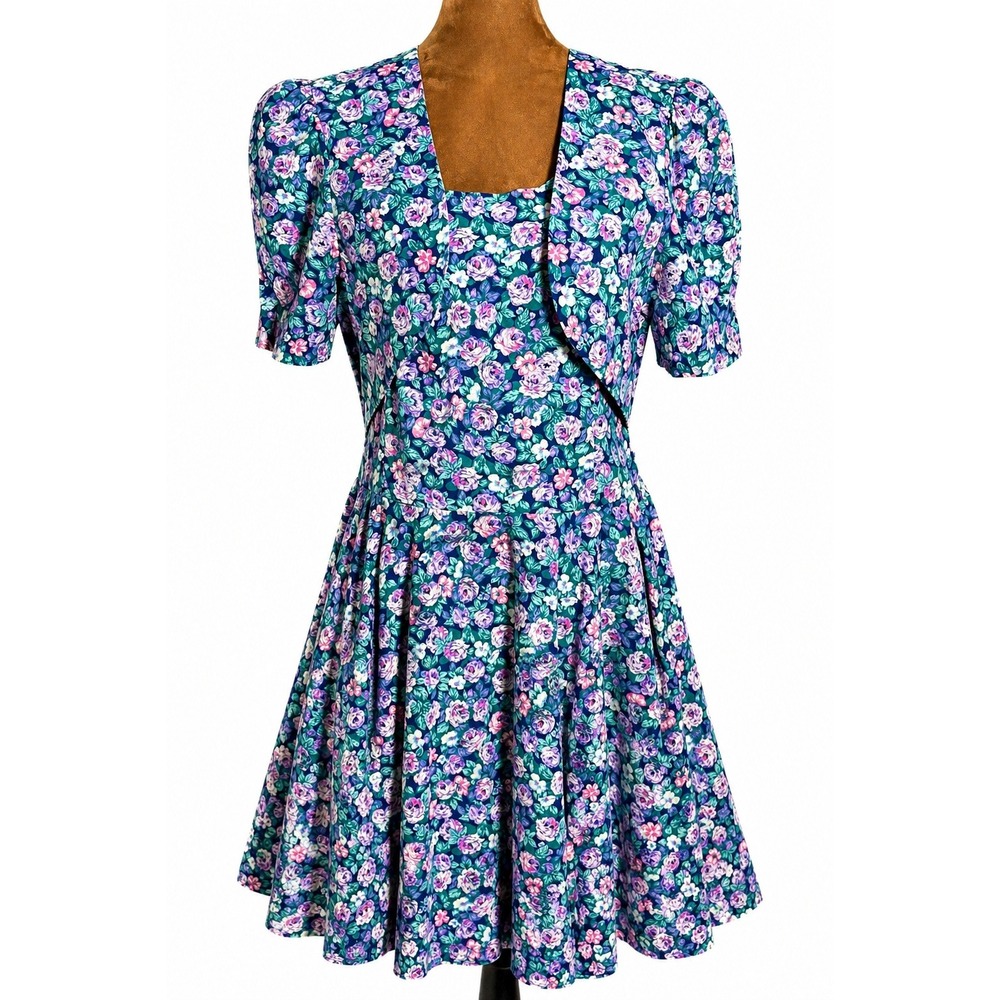 Glenfrey 90s Blue Floral Prairie Vintage Midi Cottagecore Puff Sleeve Dress 13 - Picture 2 of 14
